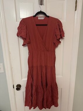 Petal & Pup Rust Orange Ruffle Sleeve Midi Dress